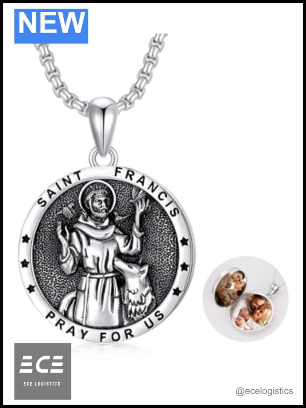 Sterling Silver Saint Francis Locket Necklace 22in Rolo Chain Gift Box